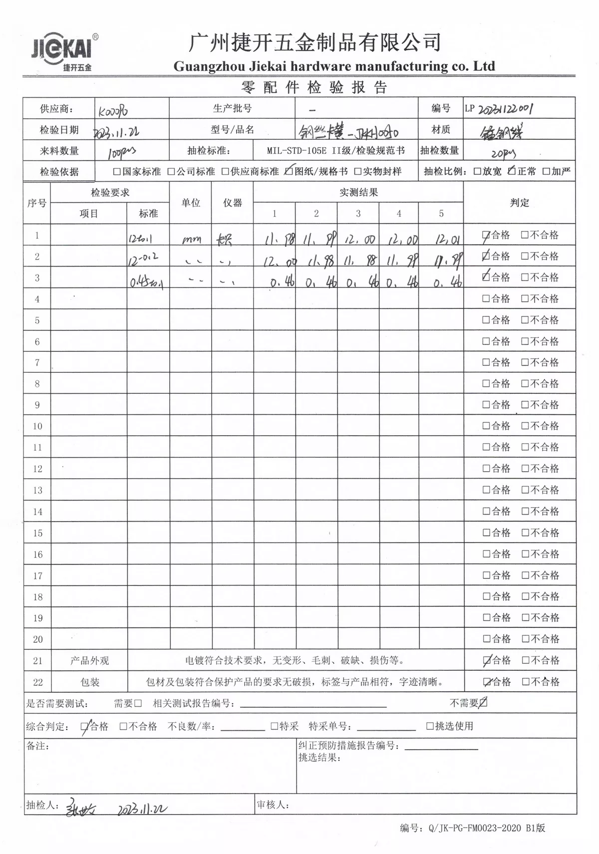 Incoming material test report